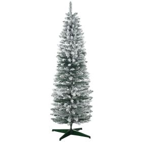 HOMCOM 6' Snow Flocked Artificial Pencil Christmas Tree, Slim Xmas Tree with Realistic Branches & Plastic Base Stand for Indoor Decoration, Green