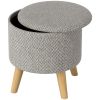 HOMCOM Round Ottoman Stool with Storage, Linen Upholstered Foot Stool with Padded Seat, Hidden Space and Wood Legs, Light Gray