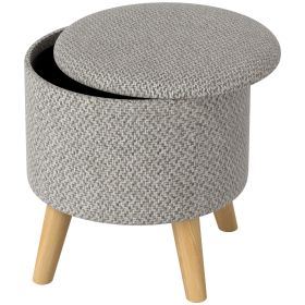 HOMCOM Round Ottoman Stool with Storage, Linen Upholstered Foot Stool with Padded Seat, Hidden Space and Wood Legs, Light Gray