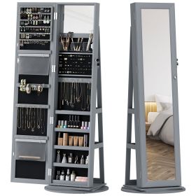 HOMCOM 360° Swivel Jewelry Armoire, Lockable Jewelry Cabinet with Full-Length Mirror, Storage Shelves, Gray