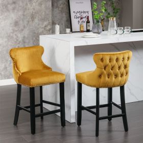 A&A Furniture,Contemporary Velvet Upholstered Wing-Back Barstools with Button Tufted Decoration and Wooden Legs, and Chrome Nailhead Trim (Color: as Pic)